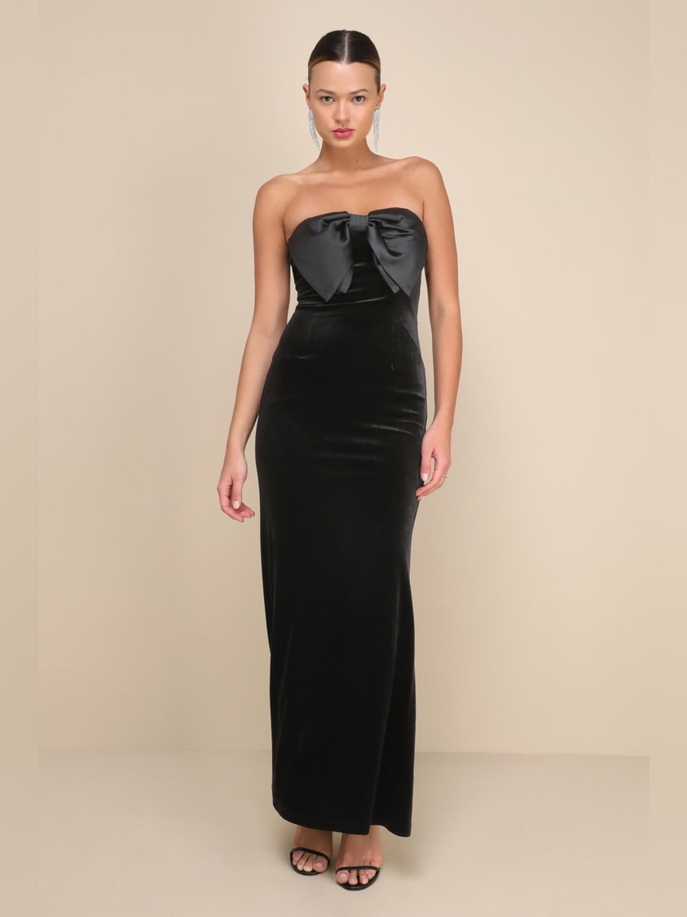 Lulus Dramatic Stunner Black Velvet Bow Strapless Maxi Dress New with Tags Small